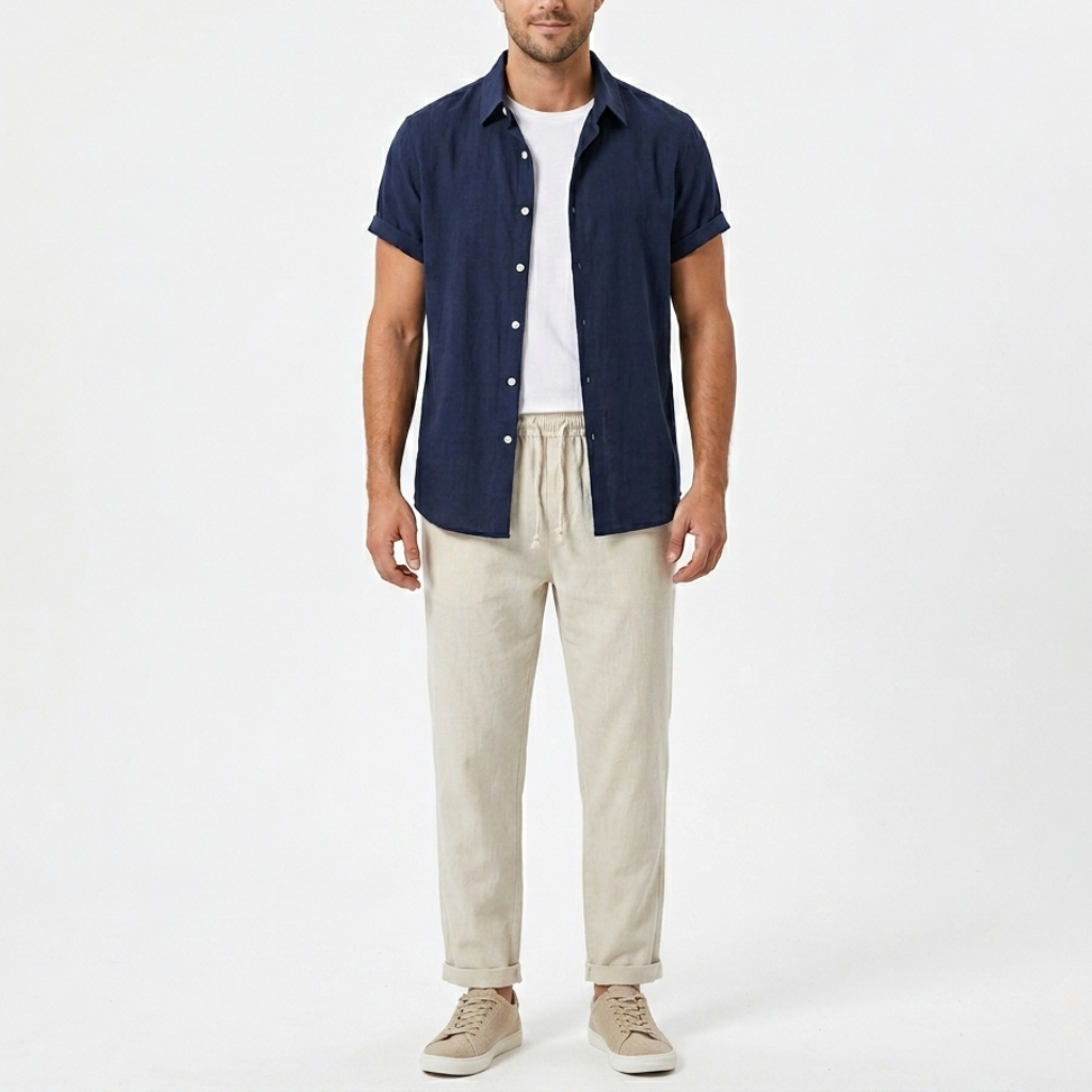 Men's Set Co Ord Short Sleeve Shirt Drawstring Trousers