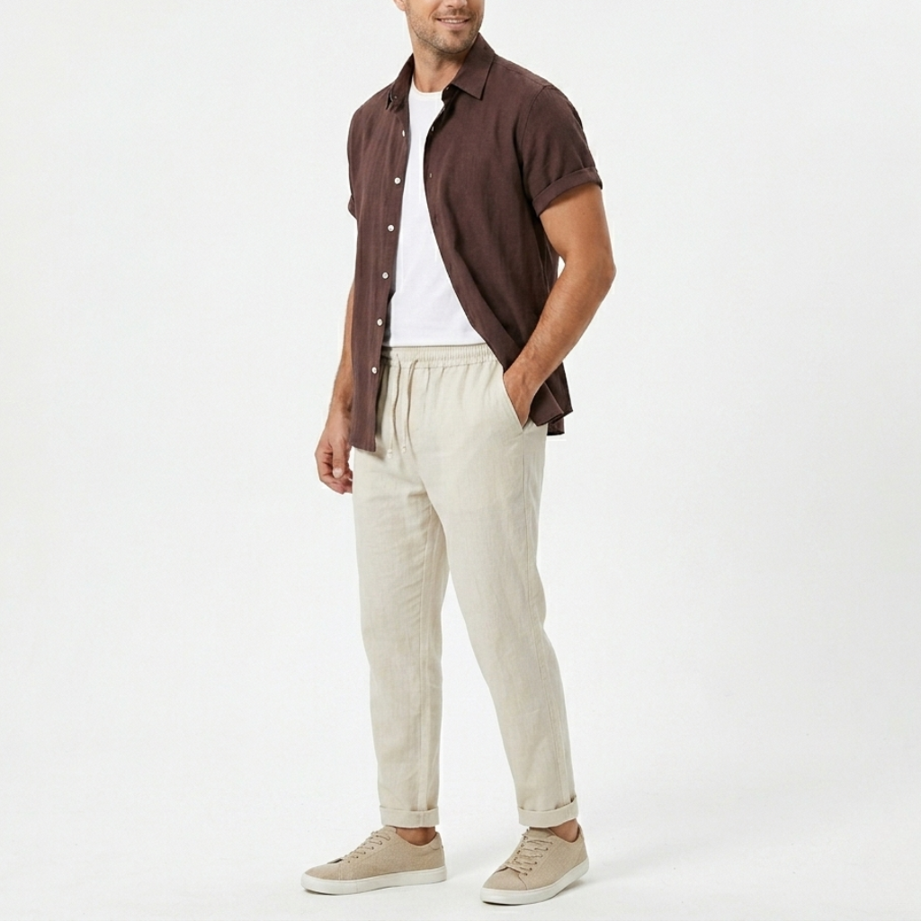 Men's Set Co Ord Short Sleeve Shirt Drawstring Trousers