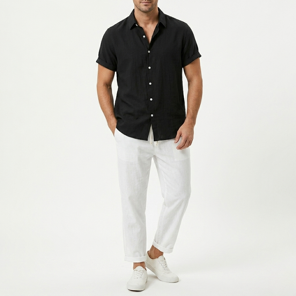 Men's Set Co Ord Short Sleeve Shirt Drawstring Trousers