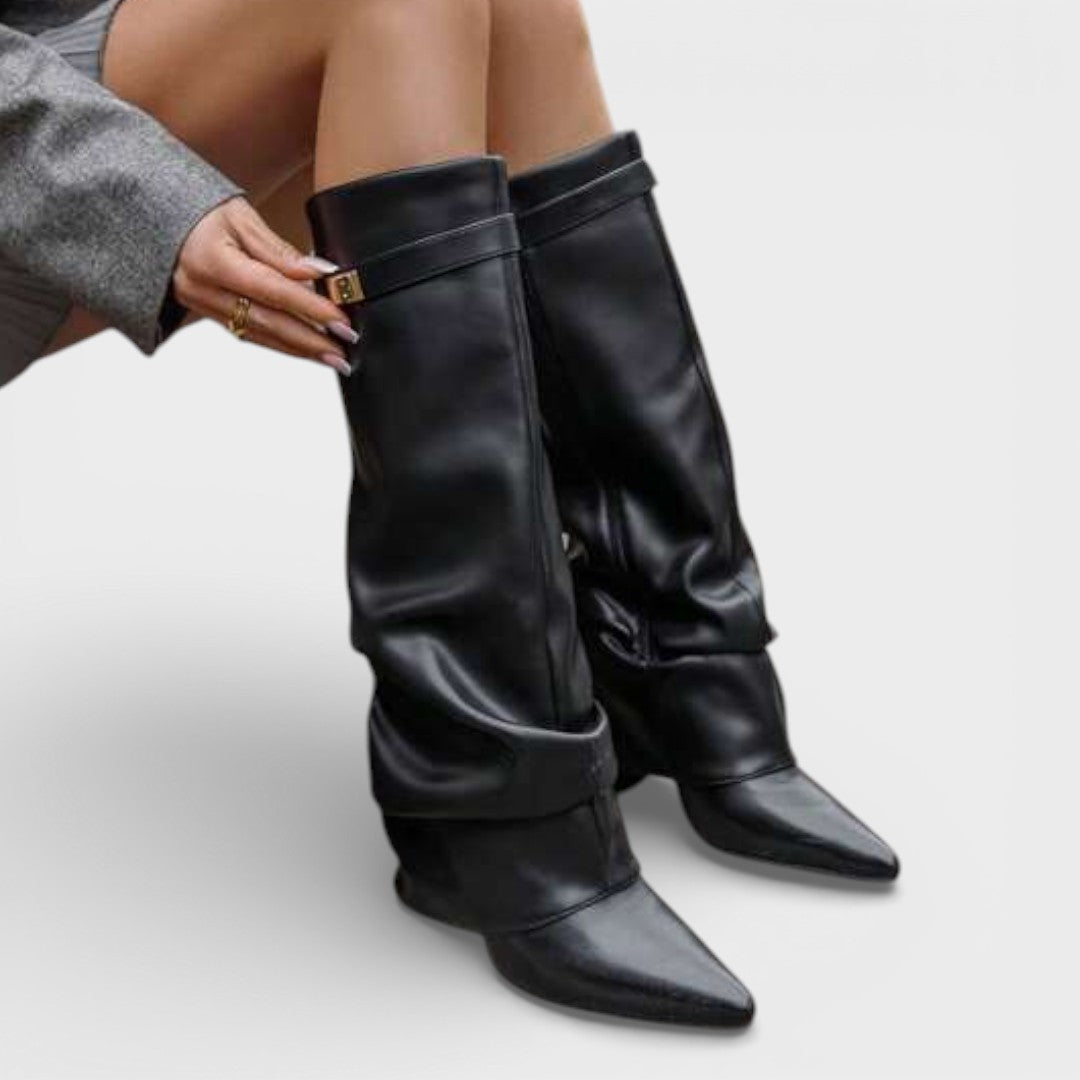 Women's Ruched Knee-High Boots Pointed Toe Side Buckle