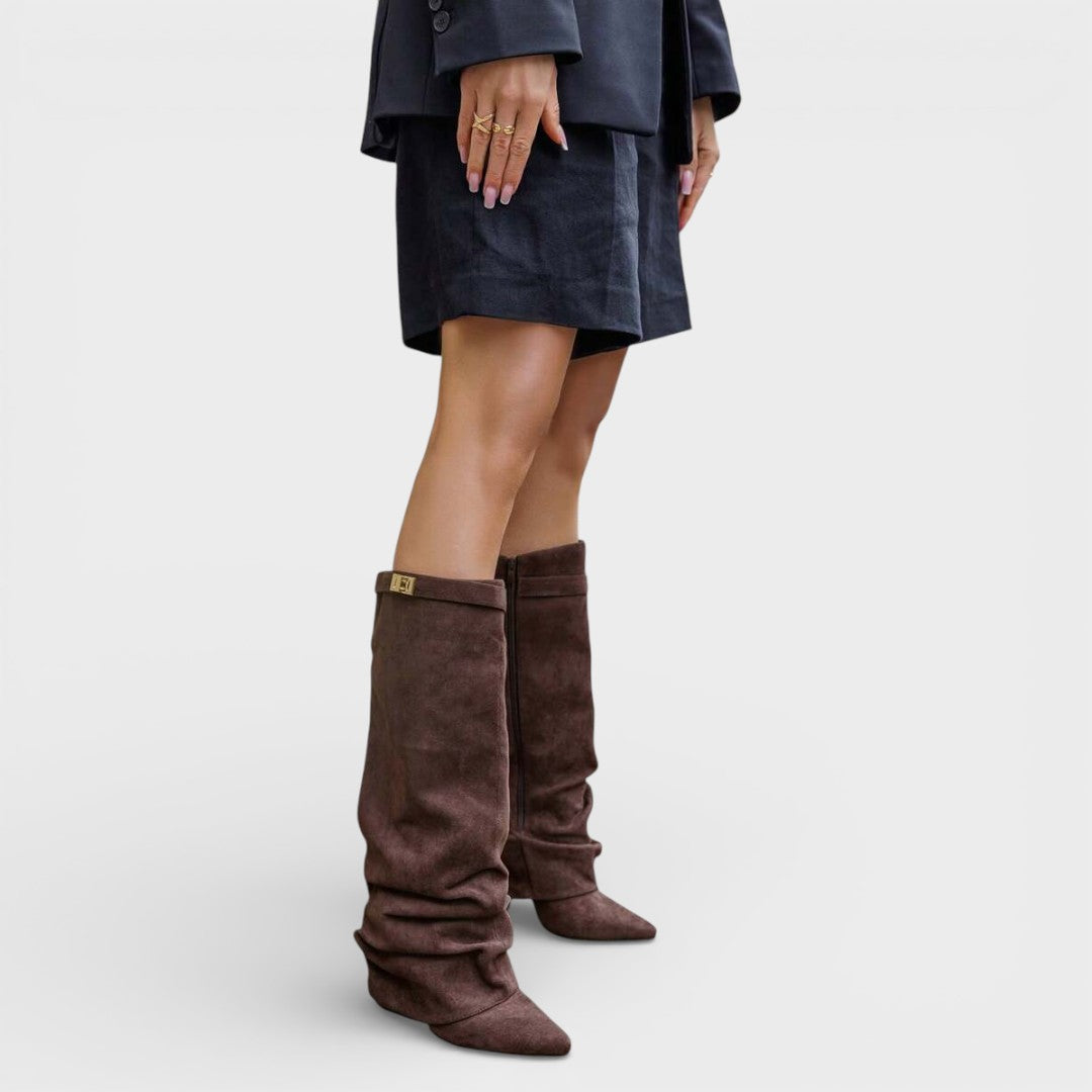 Women's Ruched Knee-High Boots Pointed Toe Side Buckle