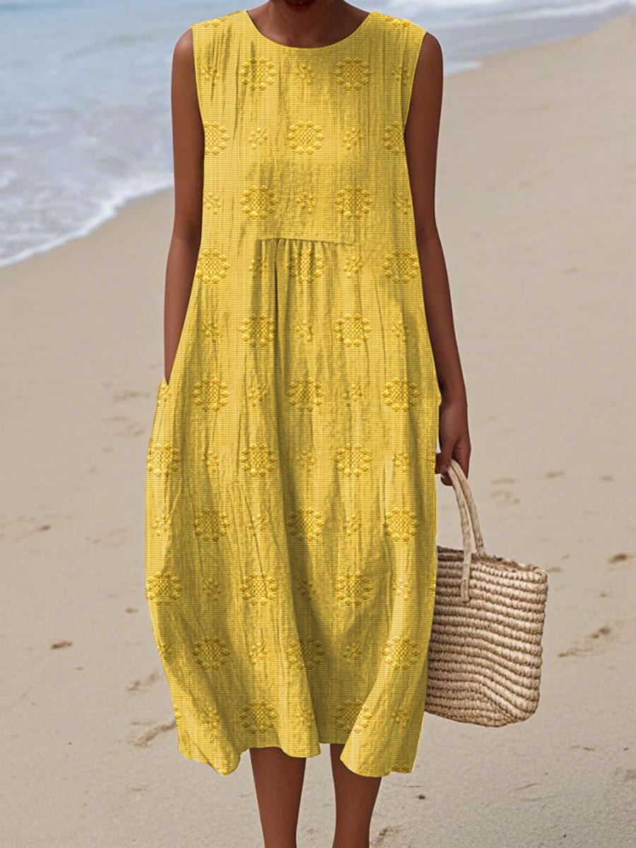 Women's Sleeveless Textured Midi Dress with Pockets