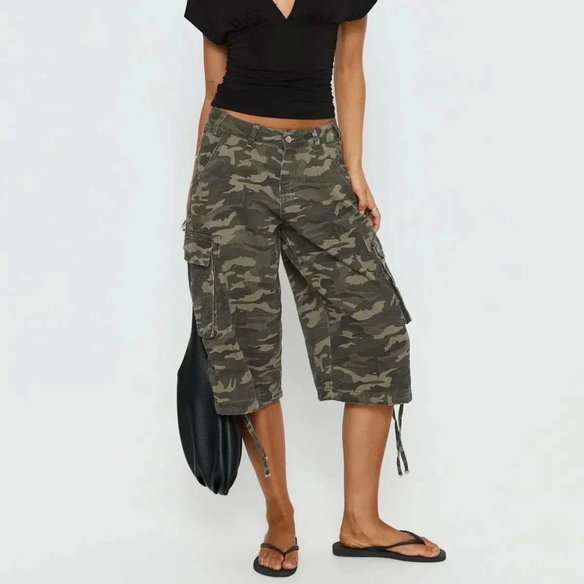 Women's Longline Cargo Shorts - Camo Print Wide-Leg Utility Style