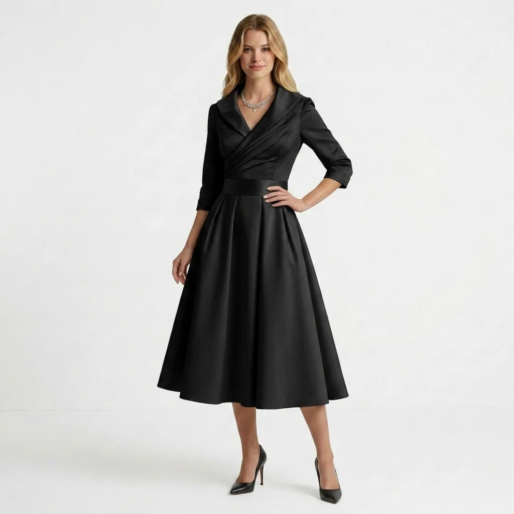 Women's Collared V-Neck with Pockets Midi Dress - Pleated A-Line Skirt