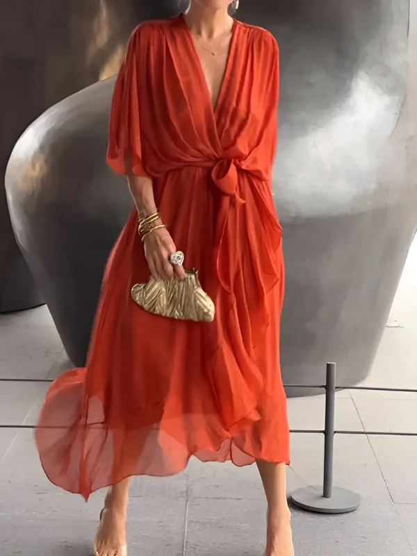 Women's Wrap V-Neck Midi Dress with Flutter Sleeves and Tie Belt