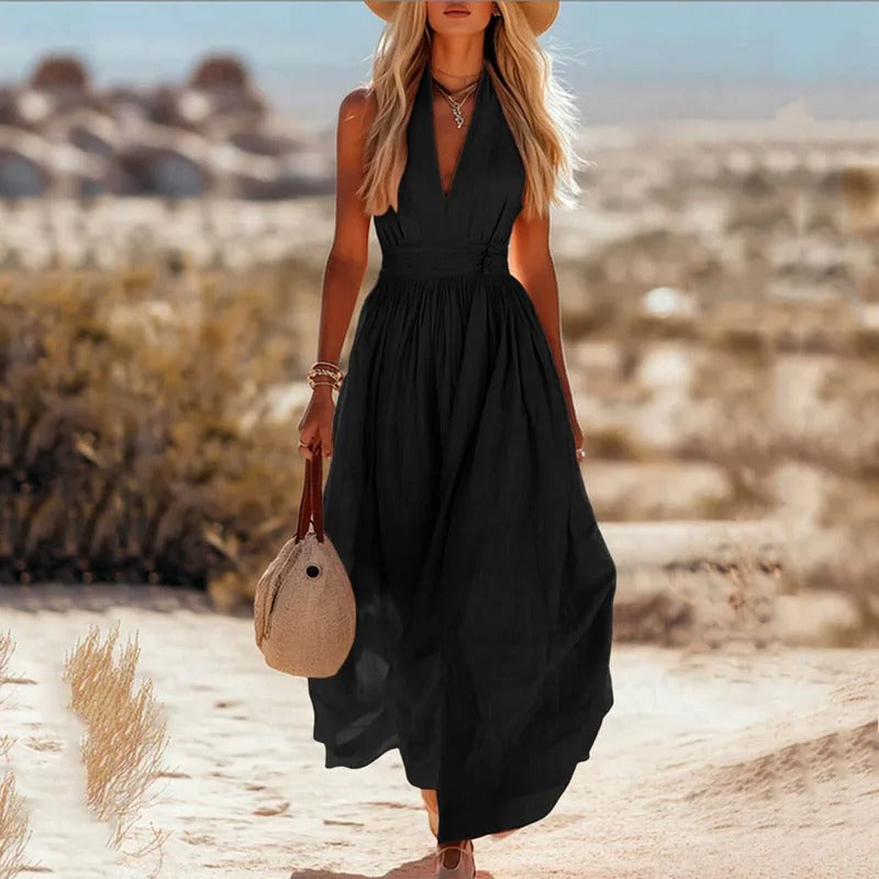Women's Boho Halter Neck Sleeveless Linen Maxi Dress