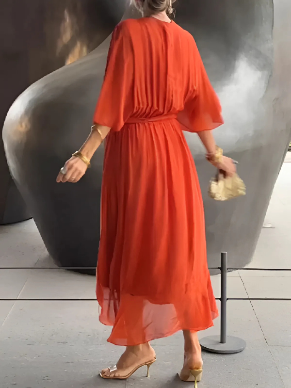 Women's Wrap V-Neck Midi Dress with Flutter Sleeves and Tie Belt