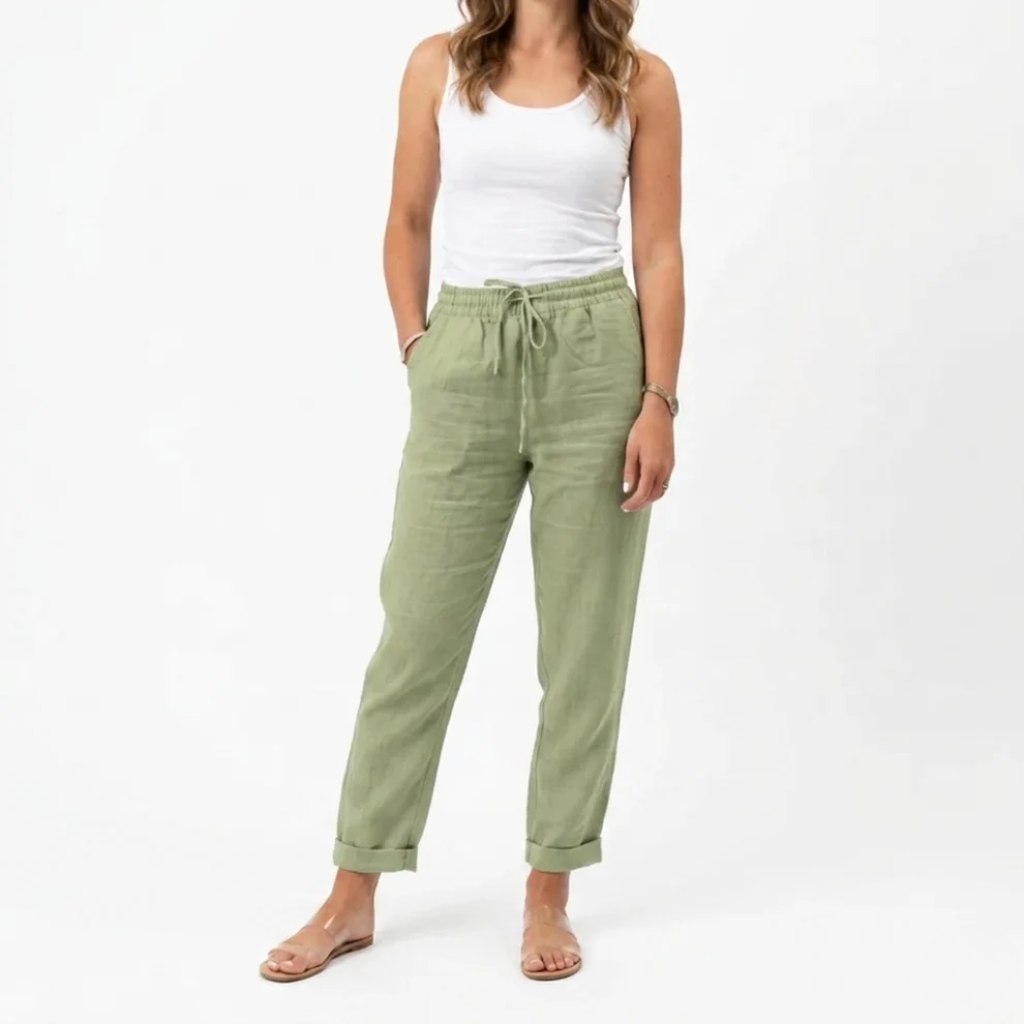 Women’s Cropped Elastic Waist Trousers - Soft Textured Linen