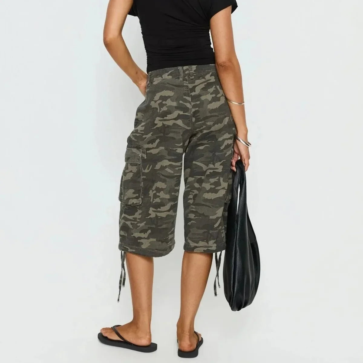 Women's Longline Cargo Shorts - Camo Print Wide-Leg Utility Style