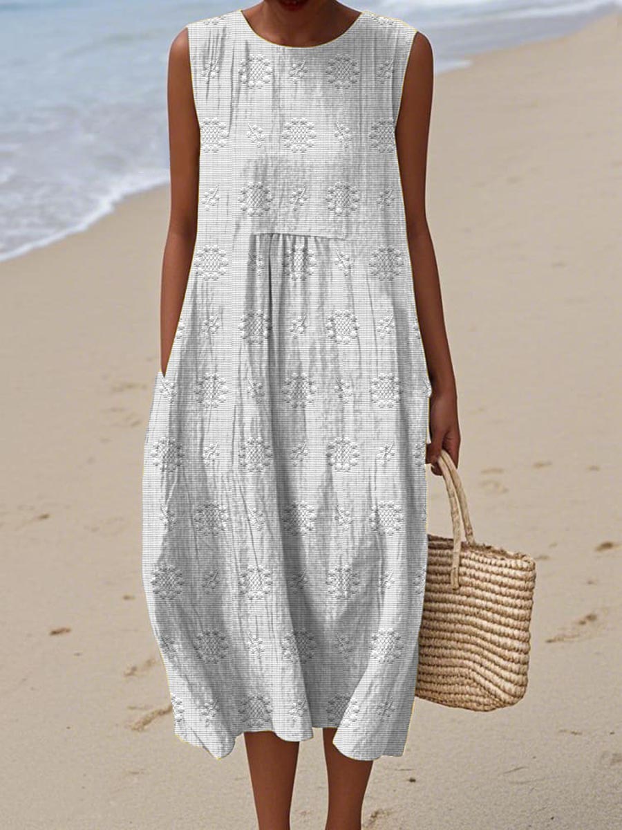 Women's Sleeveless Textured Midi Dress with Pockets