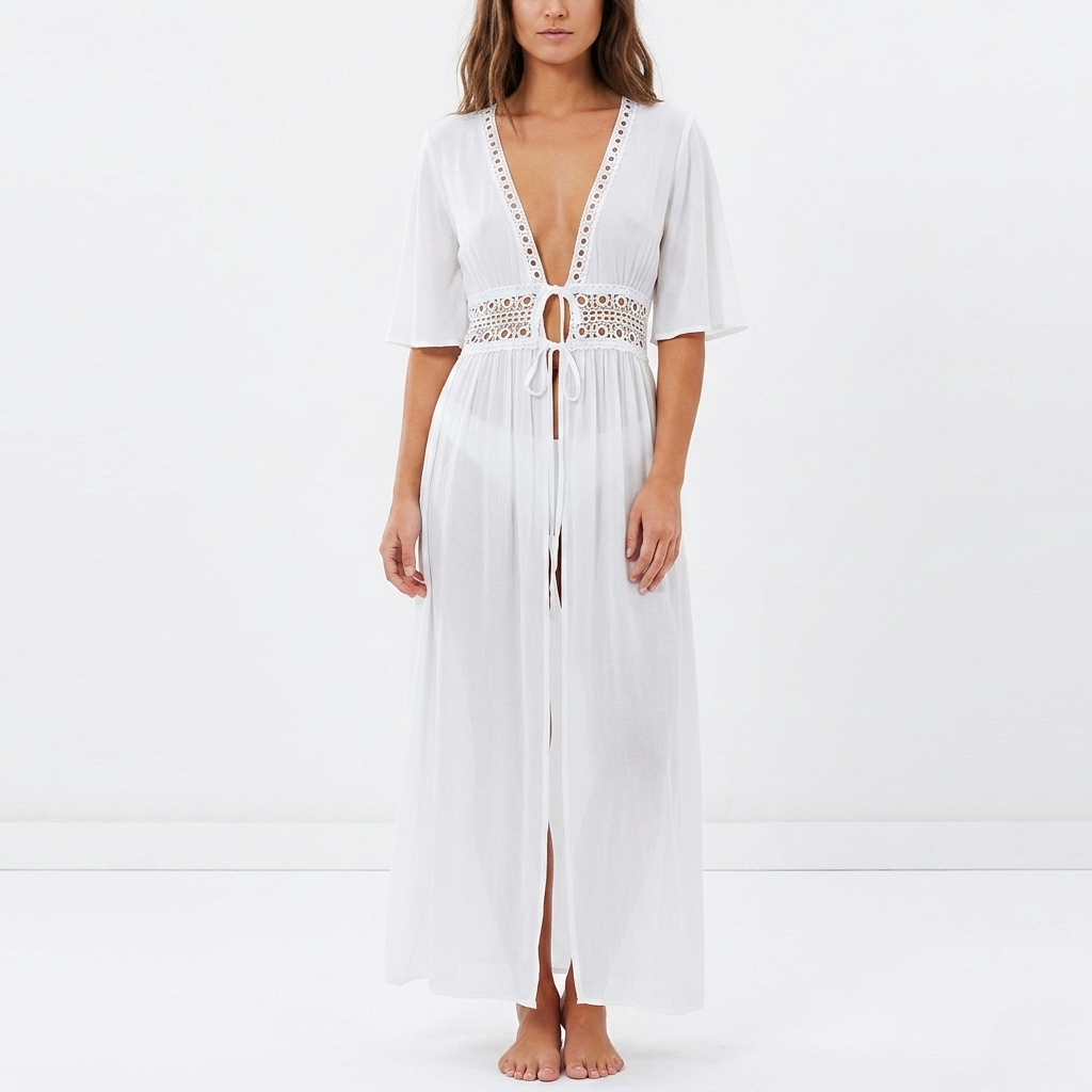 Women's Cover-Up Tie Waist Maxi Dress - Breathable Weave