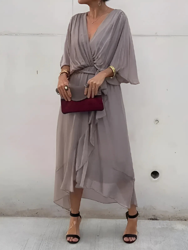 Women's Wrap V-Neck Midi Dress with Flutter Sleeves and Tie Belt