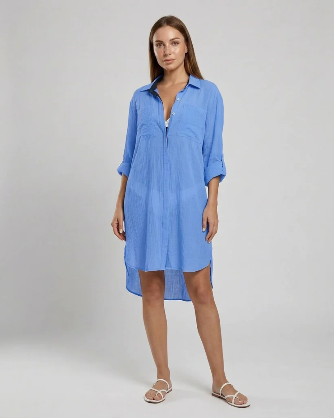 Women's Button-Down Cover-Up Mini Dress - Dual Chest Pockets