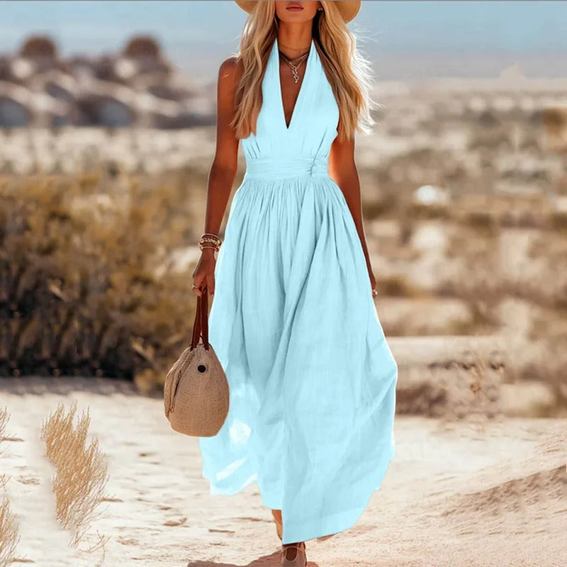 Women's Boho Halter Neck Sleeveless Linen Maxi Dress