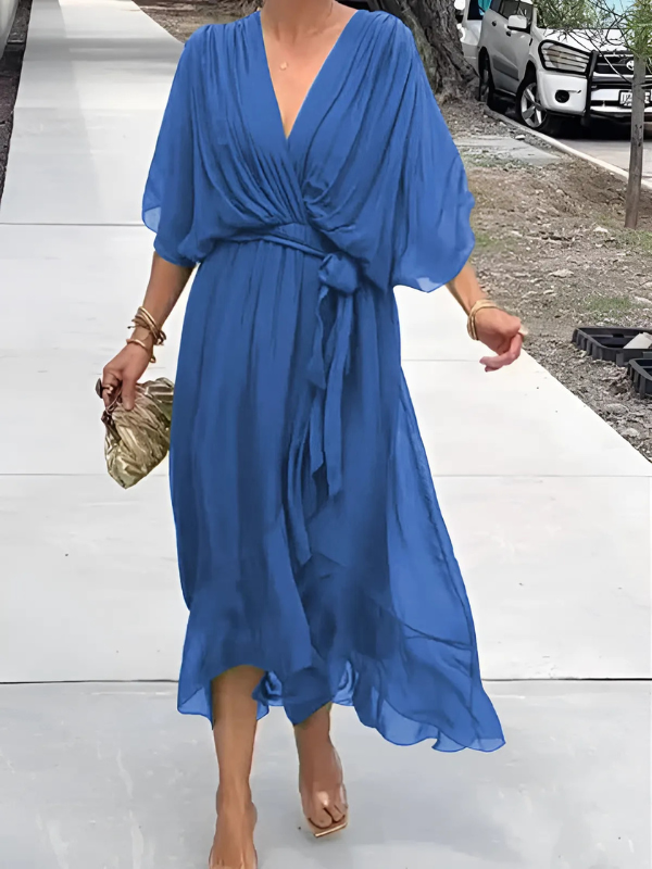 Women's Wrap V-Neck Midi Dress with Flutter Sleeves and Tie Belt