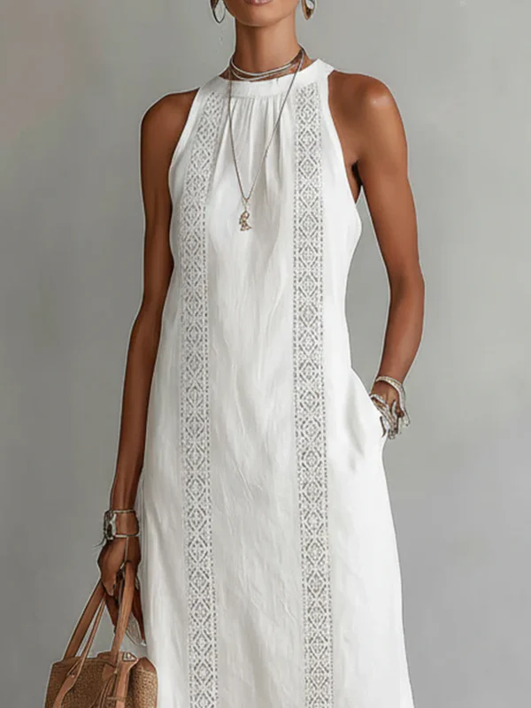 Women's Halter Neck Lace-Trim Midi Dress Sleeveless Side Split