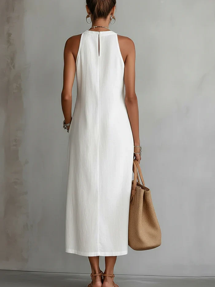 Women's Halter Neck Lace-Trim Midi Dress Sleeveless Side Split