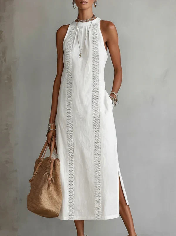 Women's Halter Neck Lace-Trim Midi Dress Sleeveless Side Split