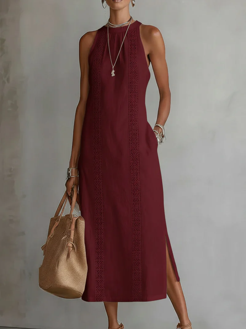 Women's Halter Neck Lace-Trim Midi Dress Sleeveless Side Split