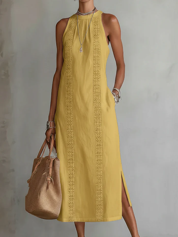 Women's Halter Neck Lace-Trim Midi Dress Sleeveless Side Split