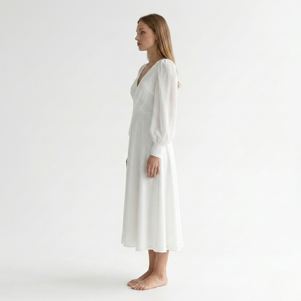 Women's White V-Neck Midi Dress - Wrap Style with Flared Hem