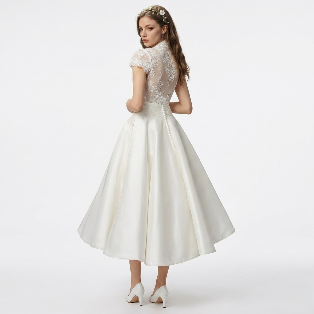 Women's V-Neck A-Line White Midi Dress - Smooth Skirt with Pockets