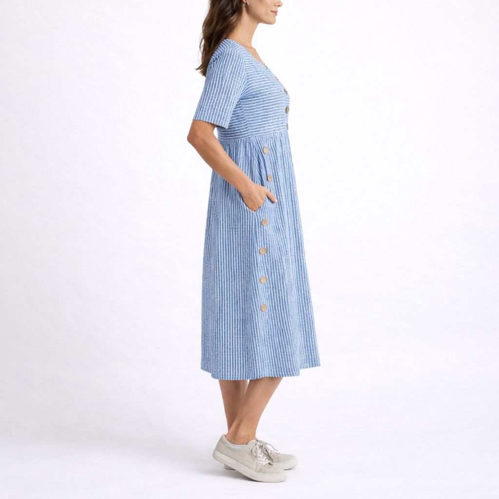 Women's Striped Midi Dress - Round Neck with Button Trim and Pockets
