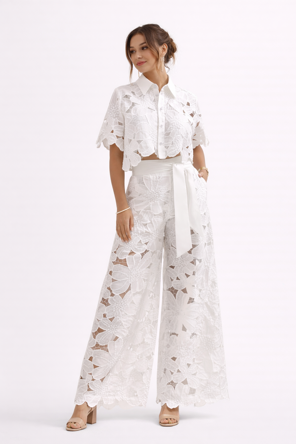 Women's Cropped Floral Lace Blouse Shirt Collar Short Sleeve