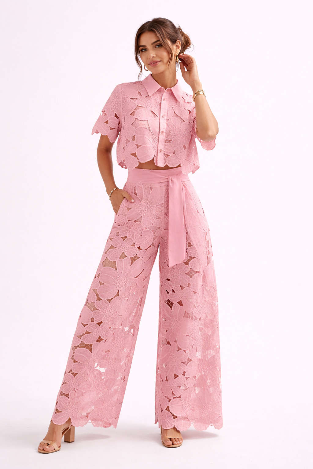Women's Cropped Floral Lace Blouse Shirt Collar Short Sleeve