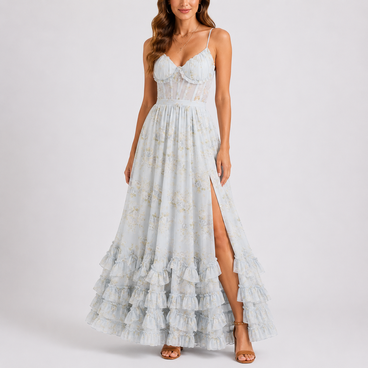 Women's Floral Print Corset Maxi Dress - Ruffled Hem Side Split