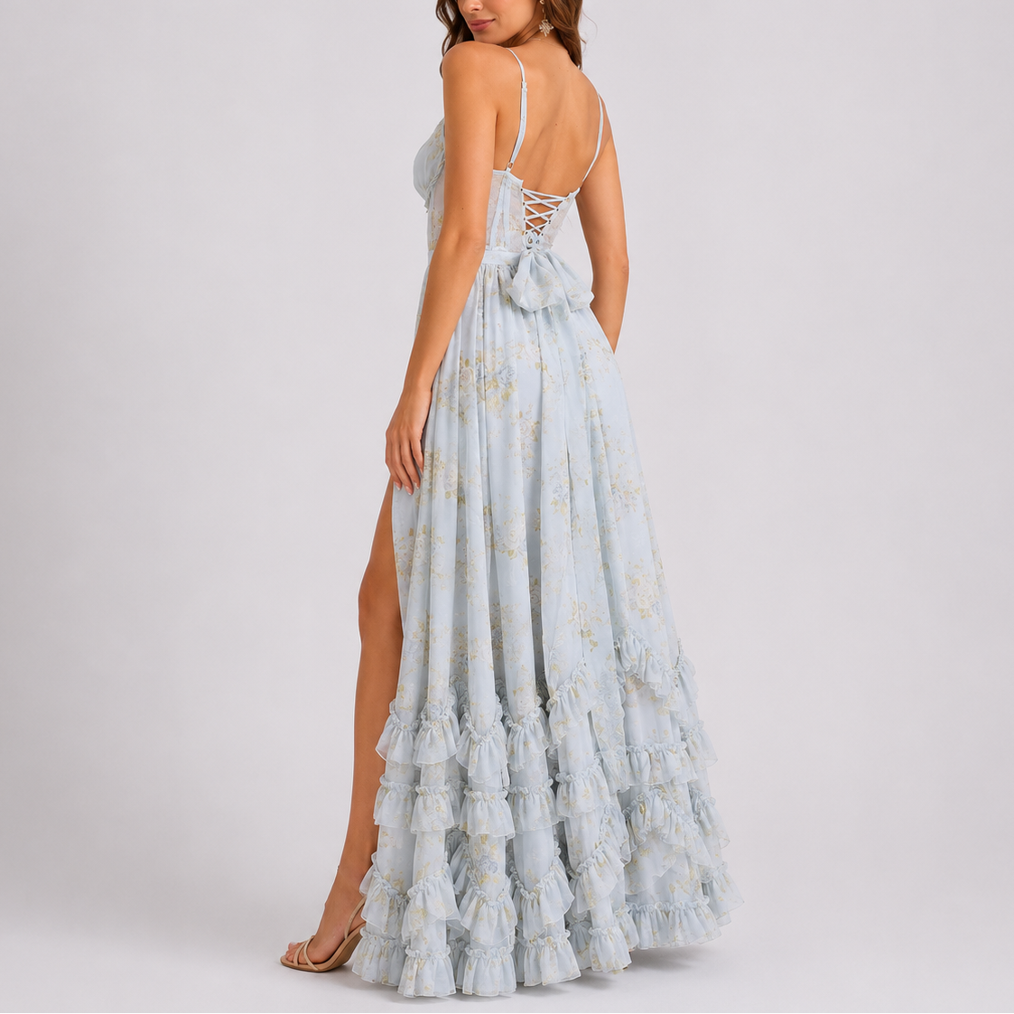 Women's Floral Print Corset Maxi Dress - Ruffled Hem Side Split