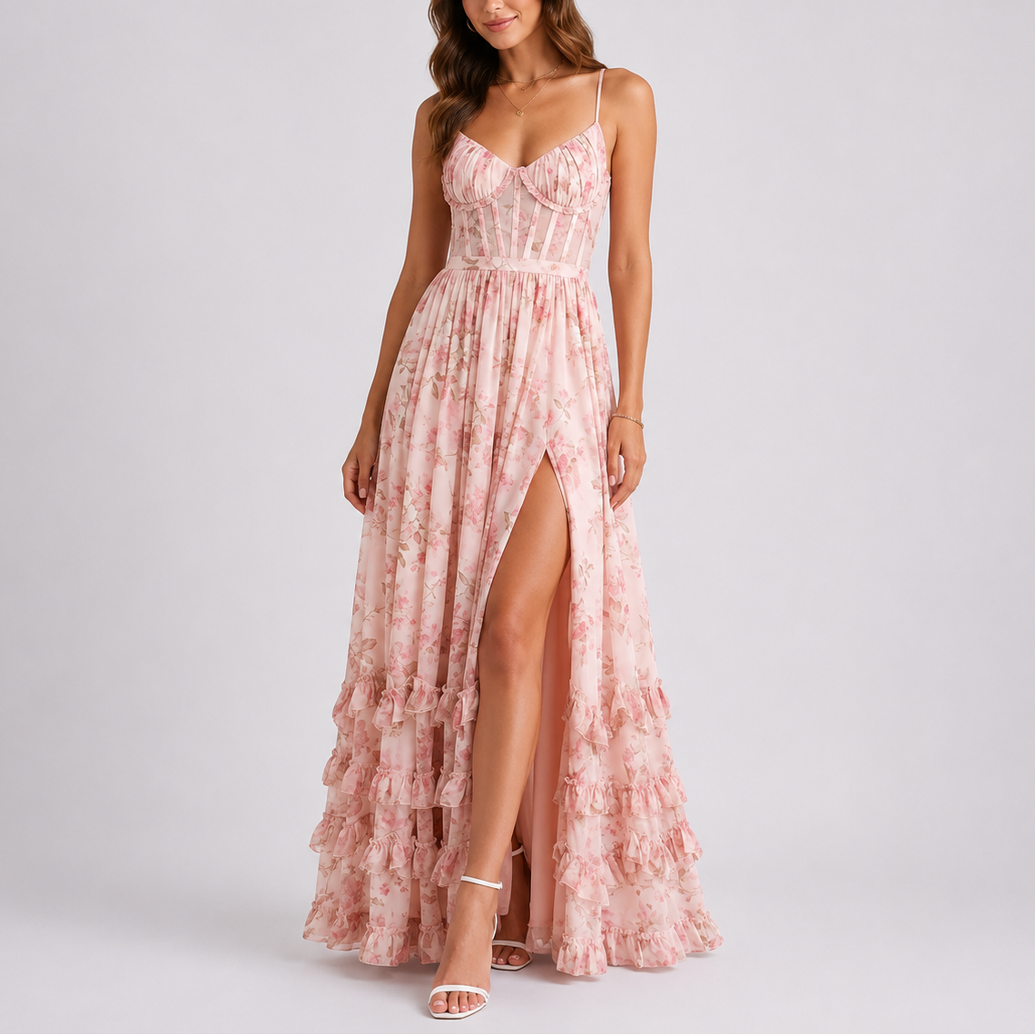 Women's Floral Print Corset Maxi Dress - Ruffled Hem Side Split