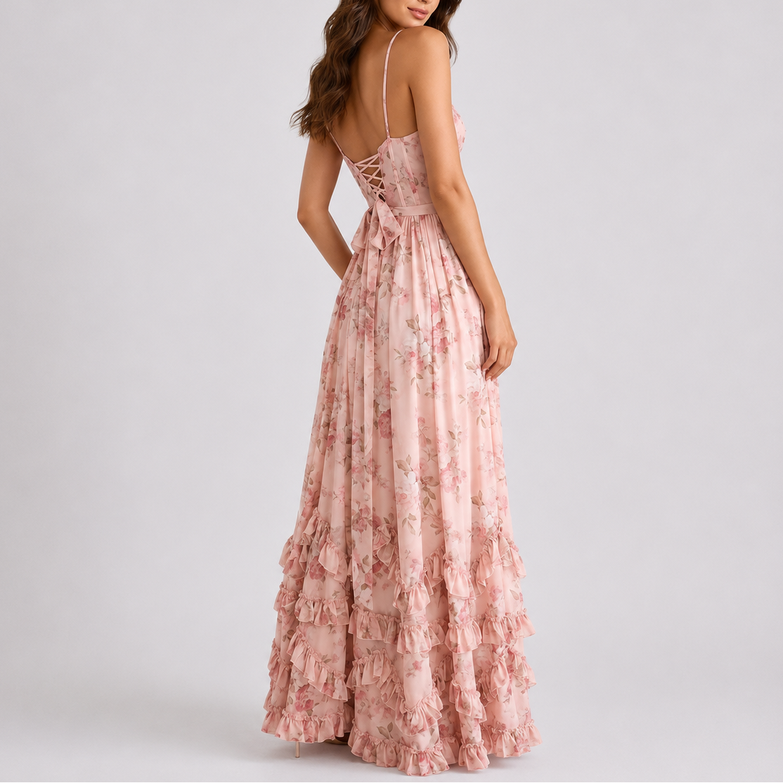Women's Floral Print Corset Maxi Dress - Ruffled Hem Side Split