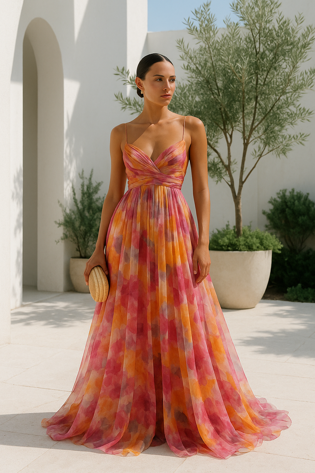 Women's Multicolour Maxi Dress - Thin Strap V-Neck Evening Gown