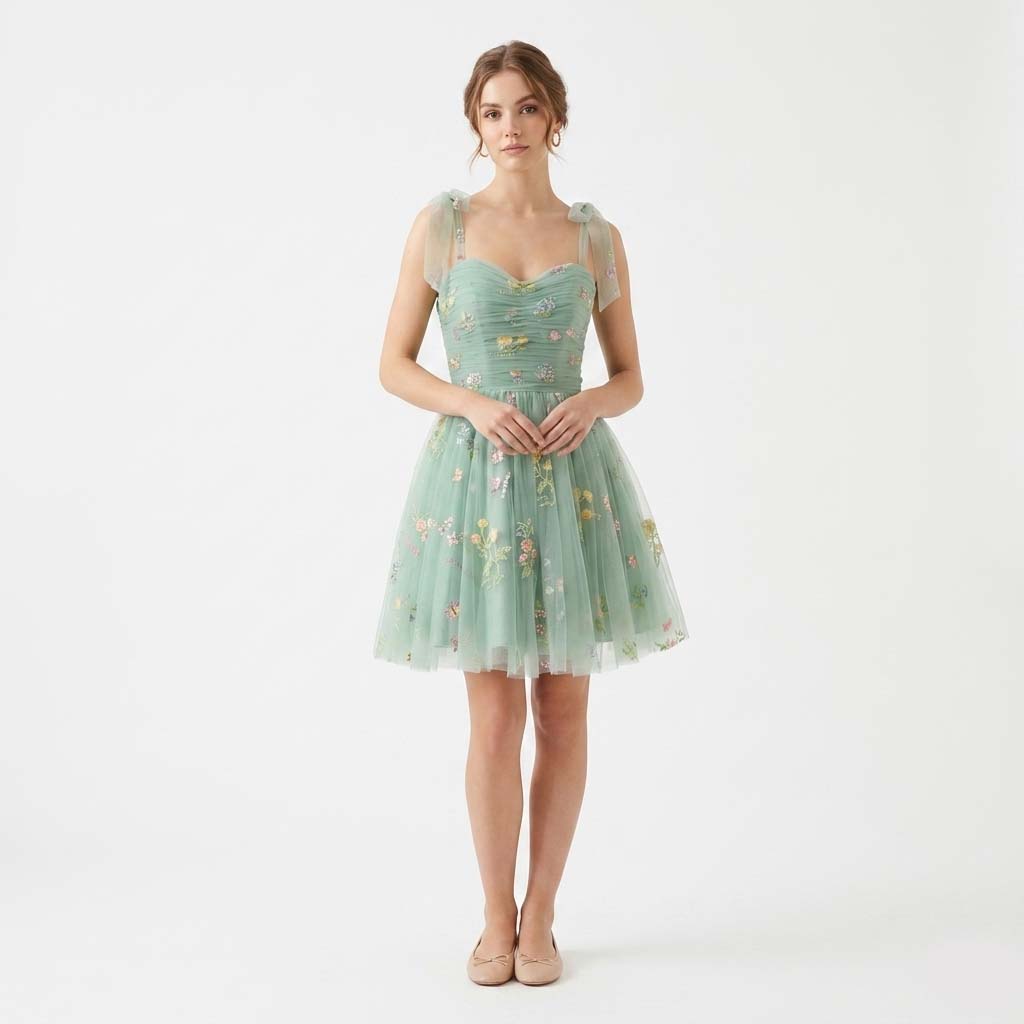 Women's Sleeveless Floral Embroidered Mini Dress - Layered Skirt Style