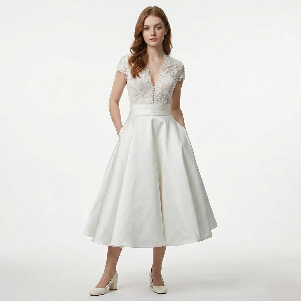Women's V-Neck A-Line White Midi Dress - Smooth Skirt with Pockets