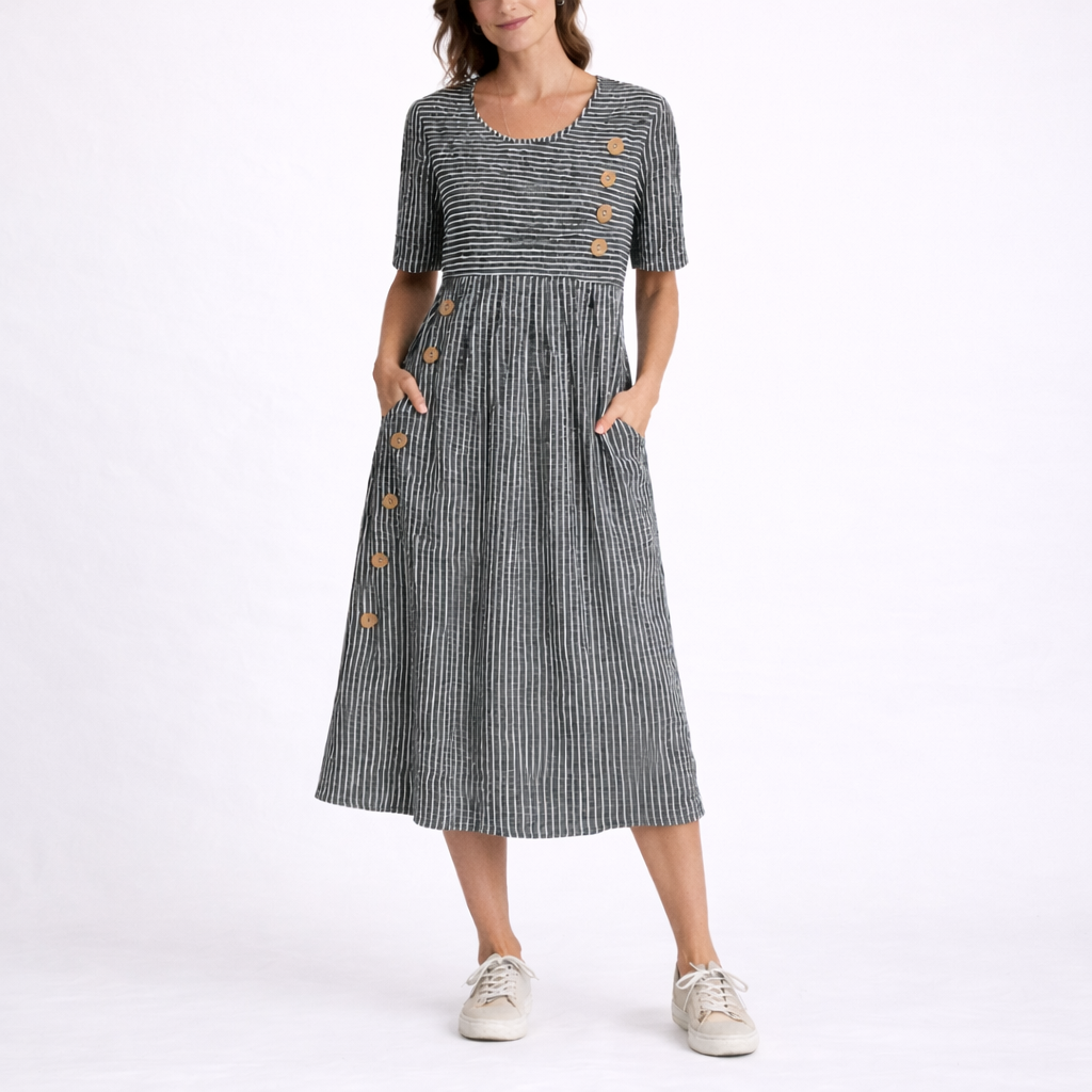 Women's Striped Midi Dress - Round Neck with Button Trim and Pockets