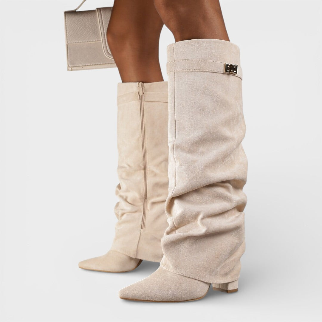 Women's Ruched Knee-High Boots Pointed Toe Side Buckle