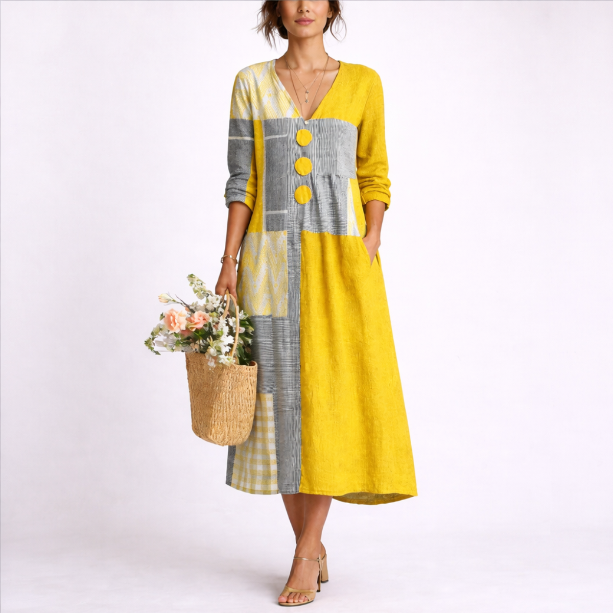 Women's Yellow & Grey Linen-Blend Wrap Midi Dress - V-Neck 3/4 Sleeve