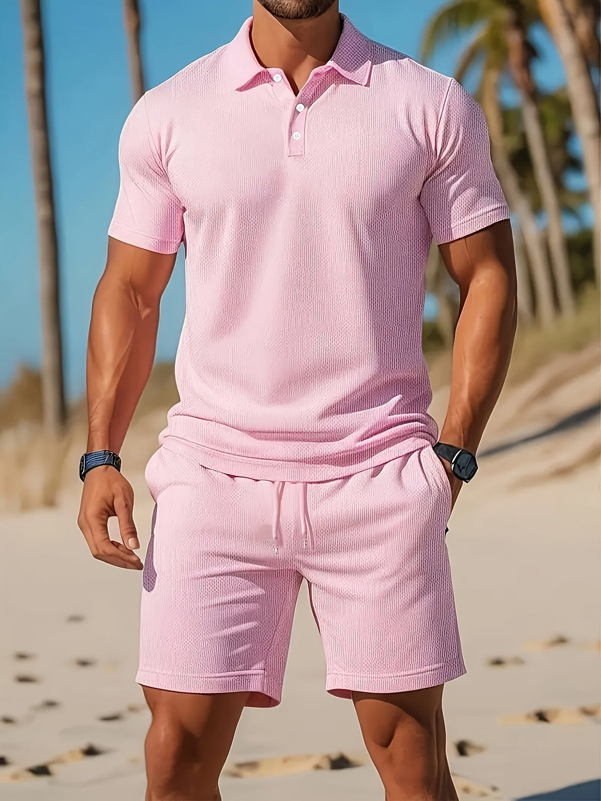 Men's 2-Piece Set - Button-Down Polo and Drawstring Shorts in Textured Mesh