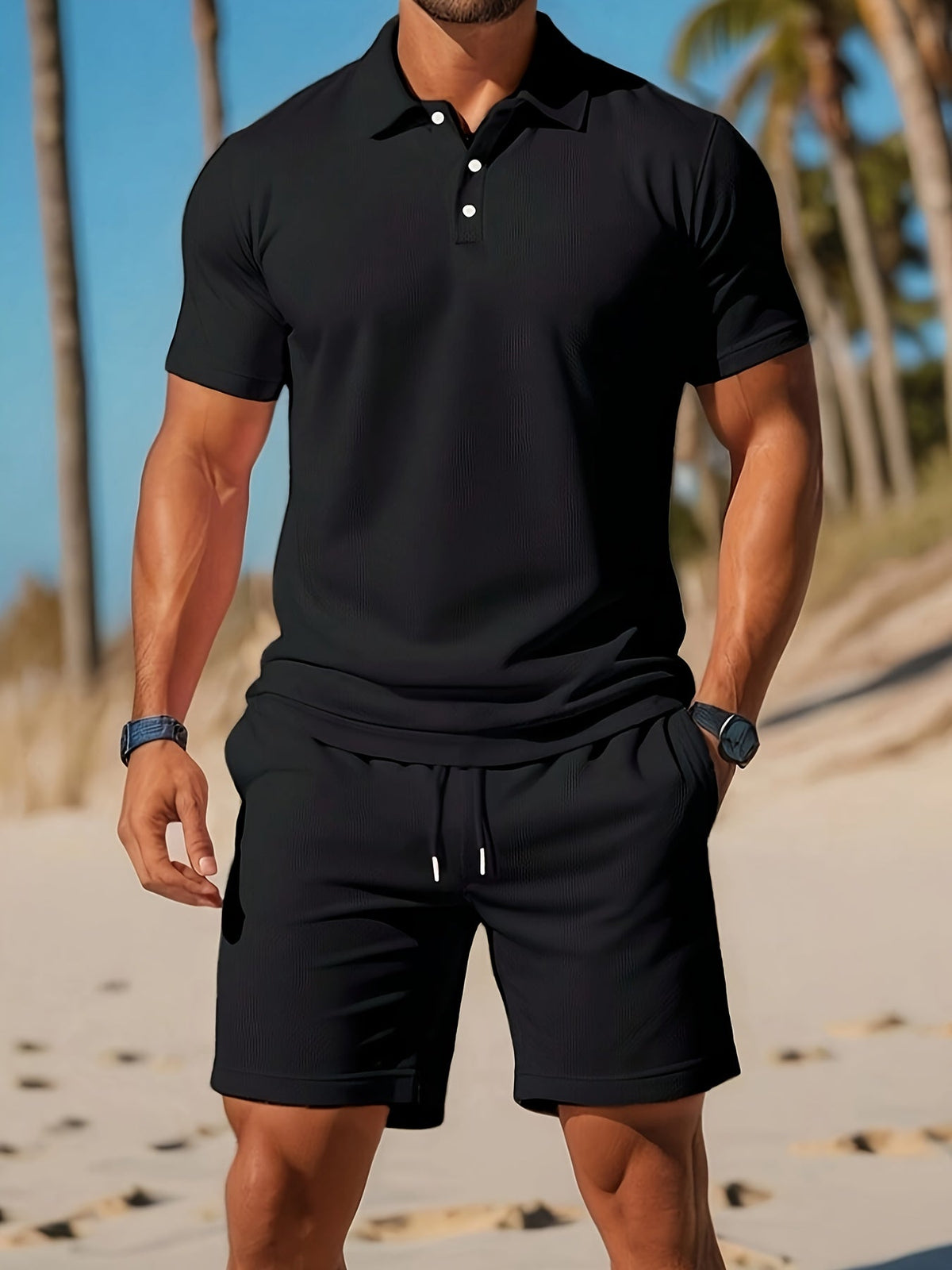 Men's 2-Piece Set - Button-Down Polo and Drawstring Shorts in Textured Mesh