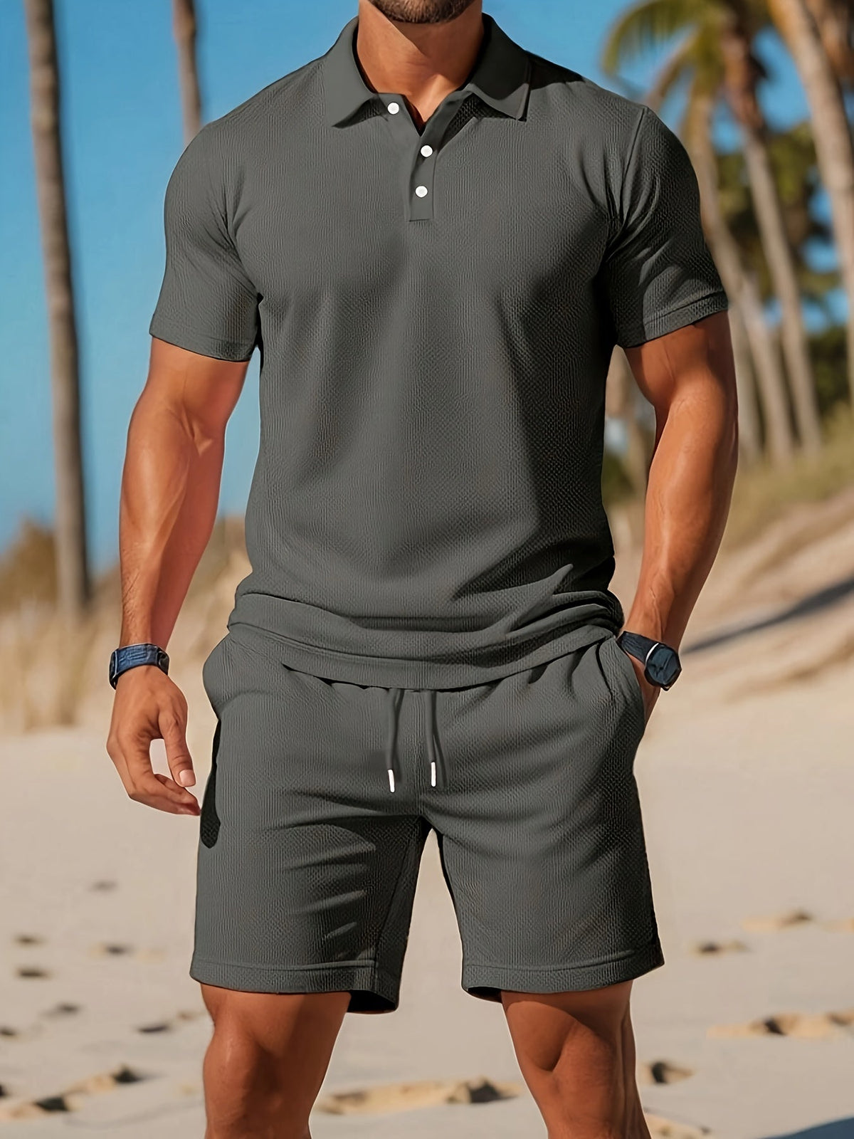 Men's 2-Piece Set - Button-Down Polo and Drawstring Shorts in Textured Mesh