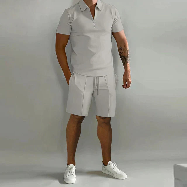 Men's 2-Piece Set - Quarter-Zip Polo Shirt and Drawstring Shorts
