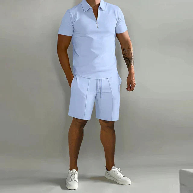 Men's 2-Piece Set - Quarter-Zip Polo Shirt and Drawstring Shorts