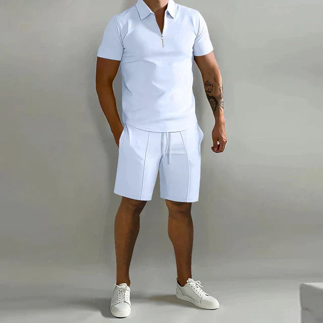 Men's 2-Piece Set - Quarter-Zip Polo Shirt and Drawstring Shorts