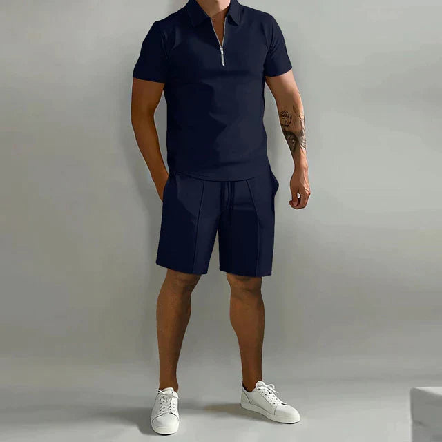 Men's 2-Piece Set - Quarter-Zip Polo Shirt and Drawstring Shorts