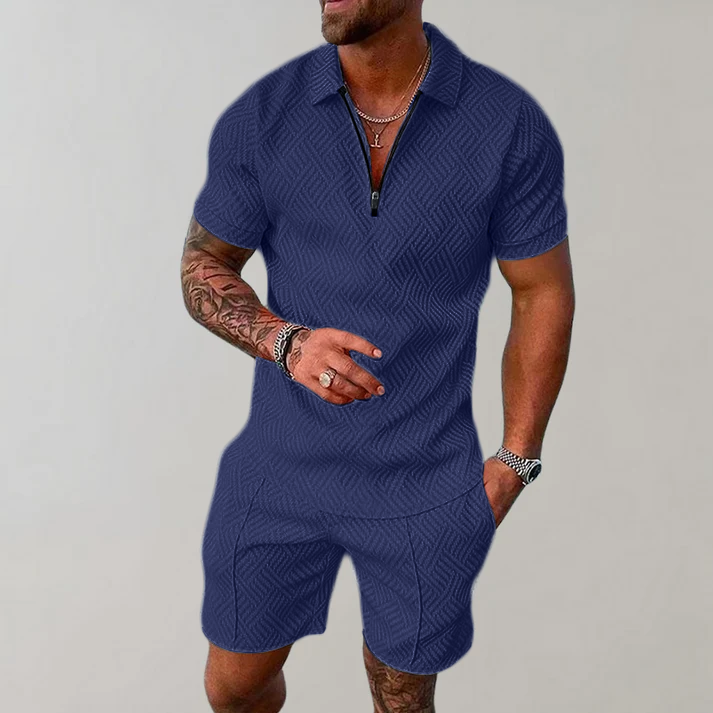Men's 2-Piece Set - Quarter-Zip Polo and Matching Textured Shorts