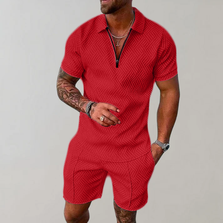 Men's 2-Piece Set - Quarter-Zip Polo and Matching Textured Shorts