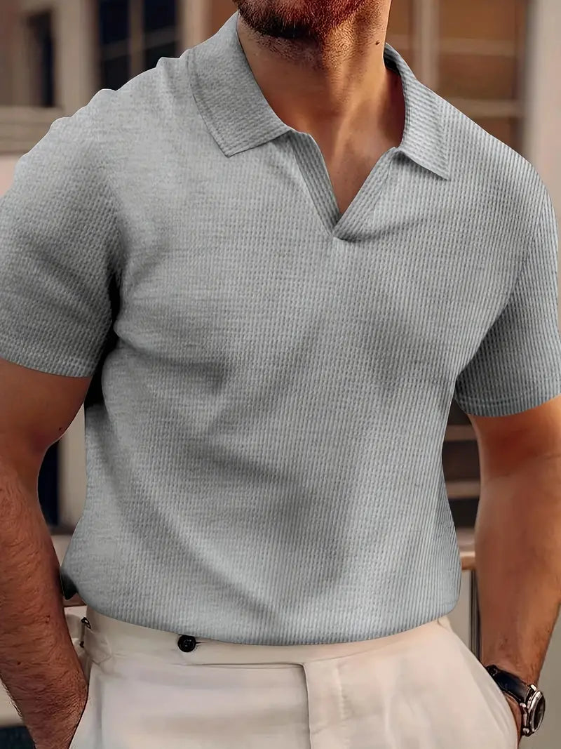 Men's Buttonless Short Sleeve Polo Shirt - Vertical Ribbed Pattern