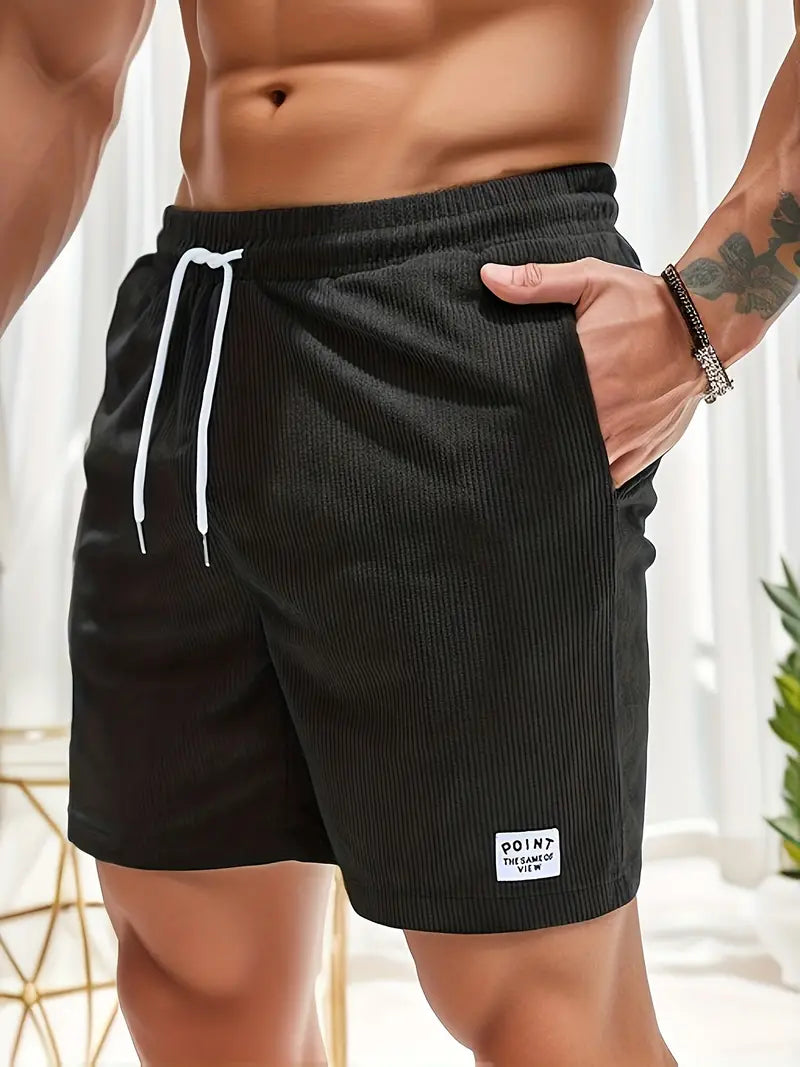 Men's Corduroy Shorts - Elasticated Drawstring Waist and Hem Patch Detail